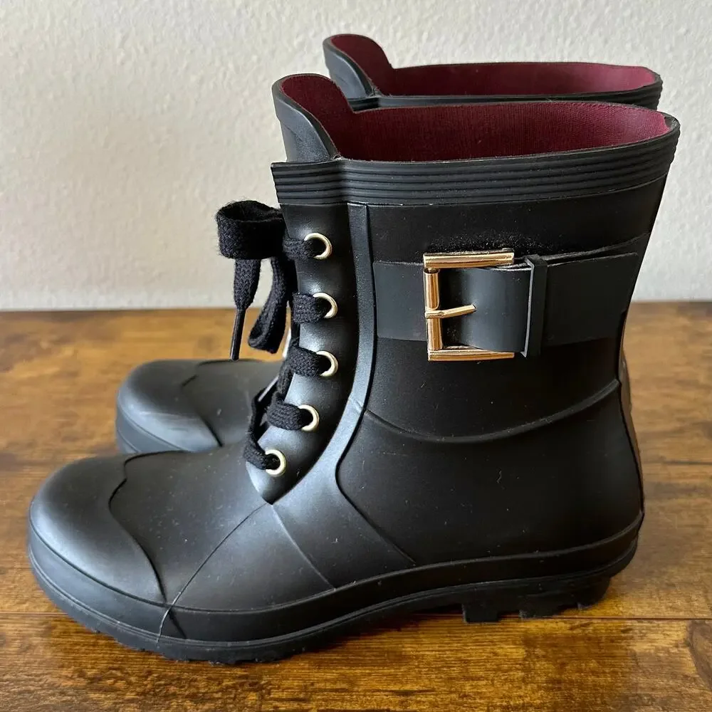 Tommy Hilfiger Women's Rain Boots Booties Lace Up with Buckle Detail Black 6